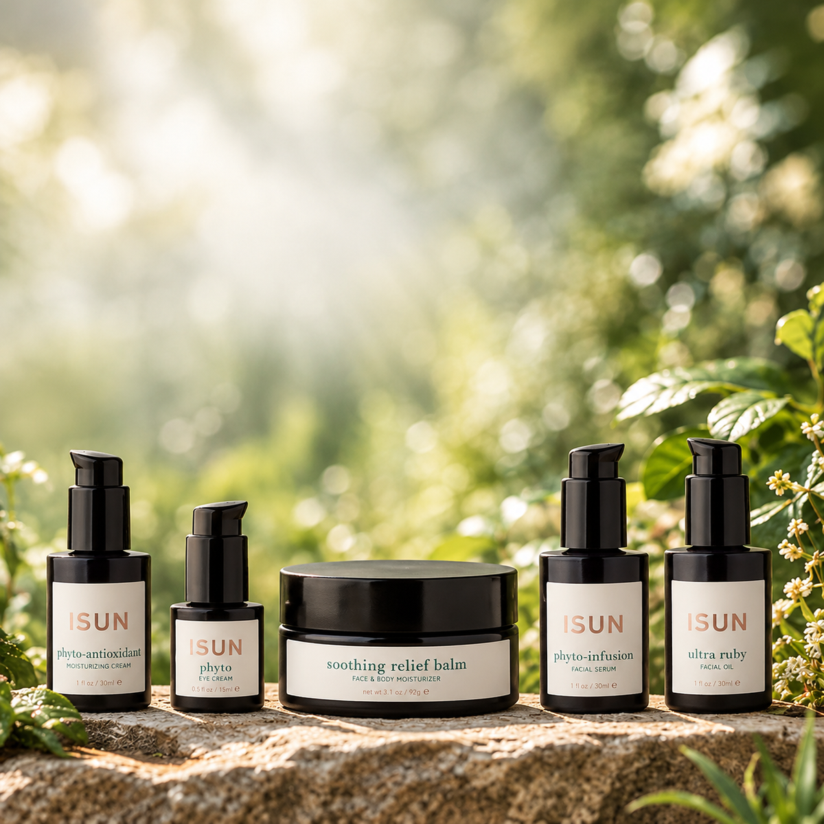 ISUN skincare collection in a sunlit garden
